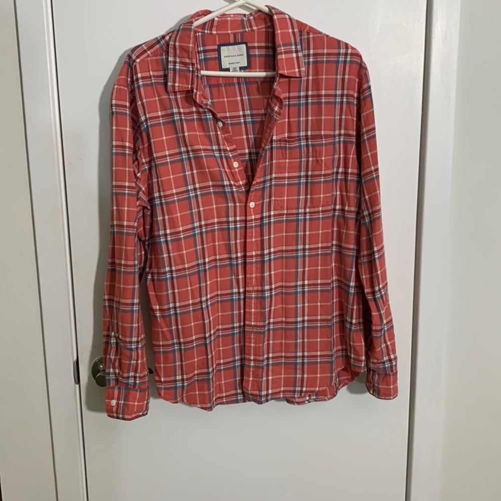 American eagle, red and orange plaid button down shirt
